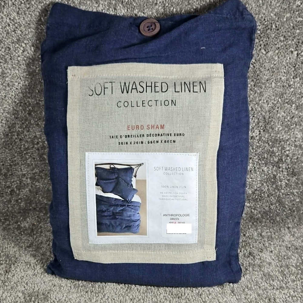 Anthropologie Euro Sham Navy Blue Soft Washed Linen Square 26x26